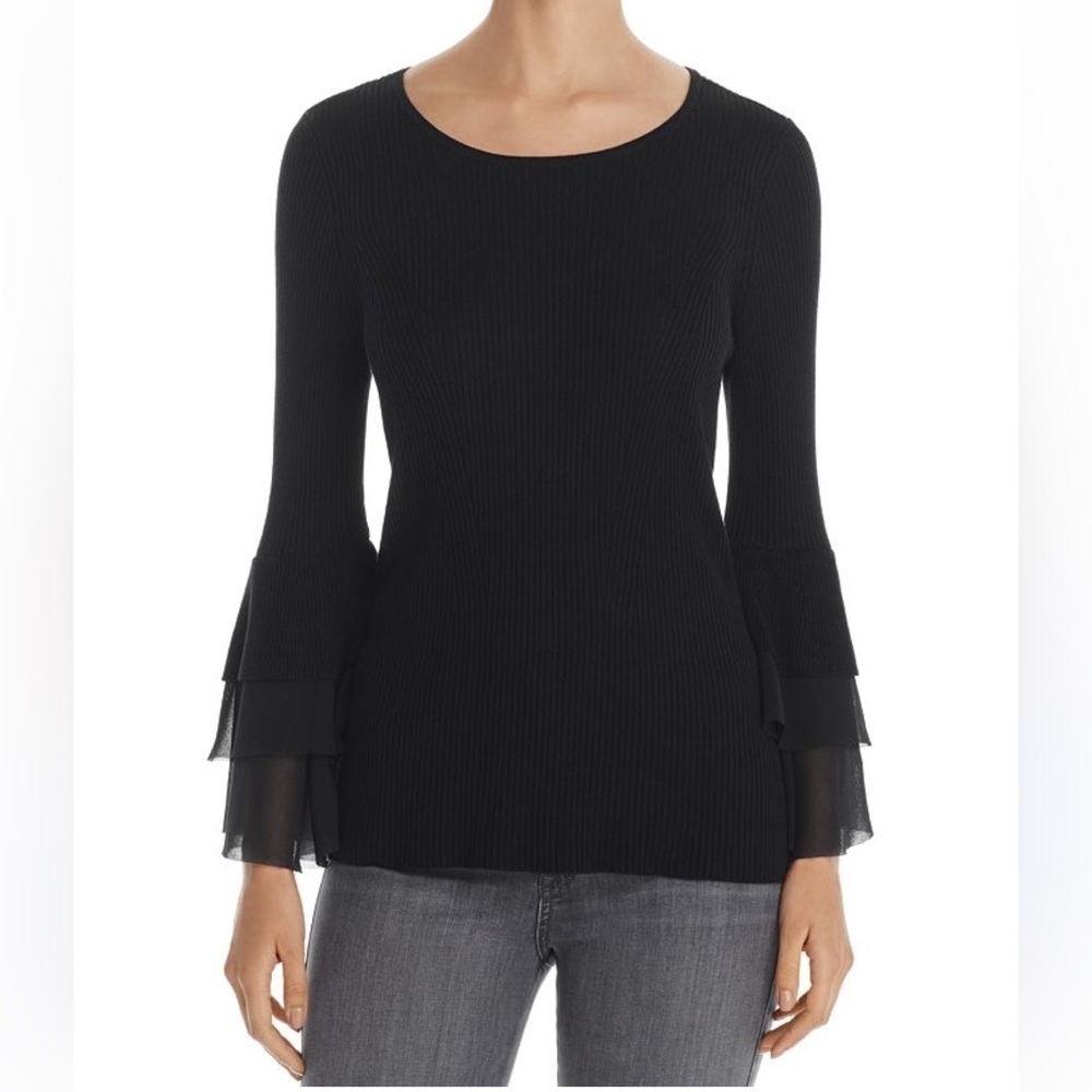 Design History Ethelda Ruffle Bell Sleeve Pullover Sweater Women’s Sz L Black